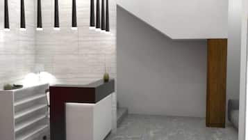 Shower, free toiletries, bidet, towels