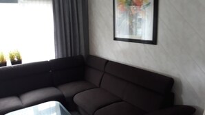 A dark-colored sofa against a white wall with a framed picture. - nice cozy home (Sint-Annaland)