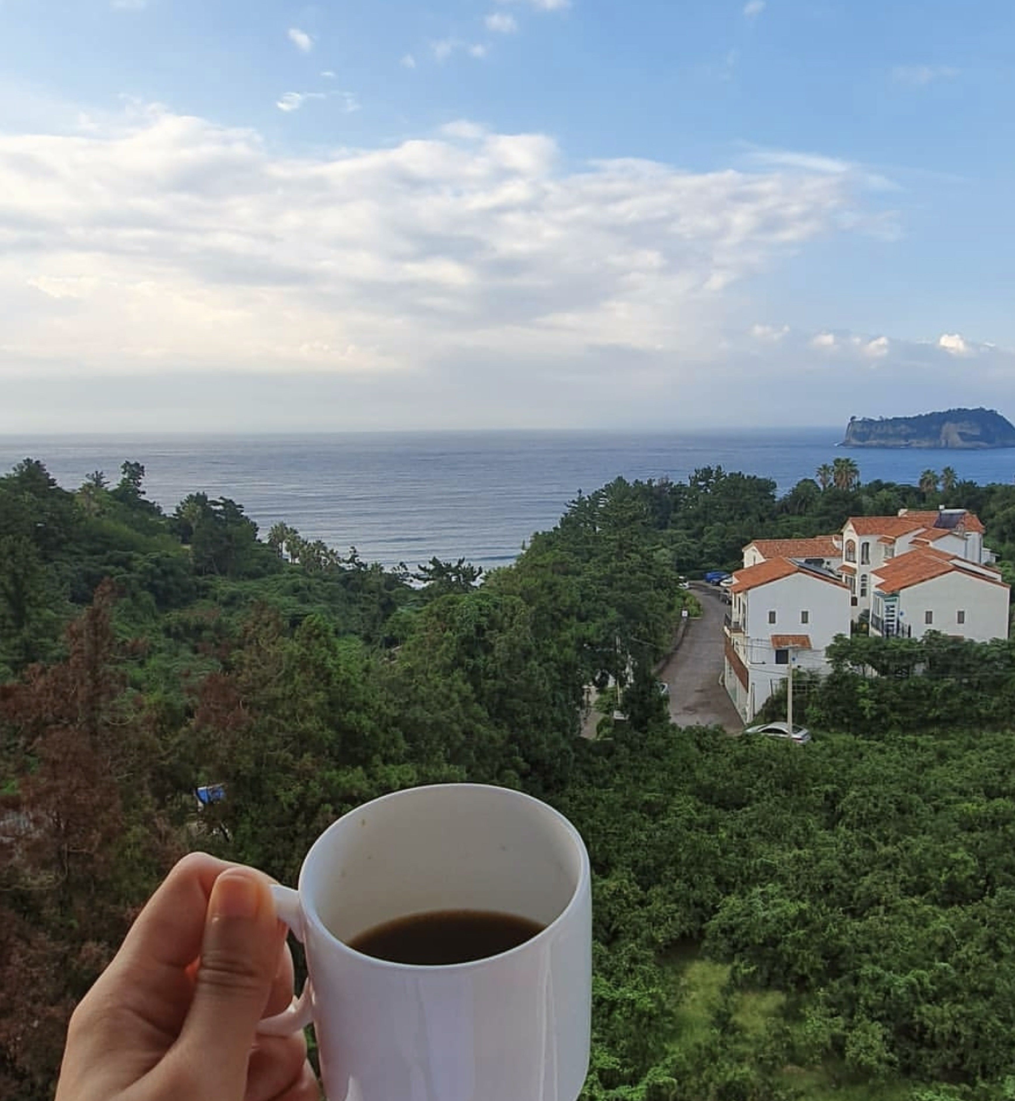 Une main tenant une tasse blanche contenant une boisson, avec en arrière-plan un paysage côtier comprenant des bâtiments et de la végétation.