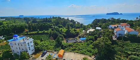 A resort with a large swimming pool, lush greenery, and a view of the sea.