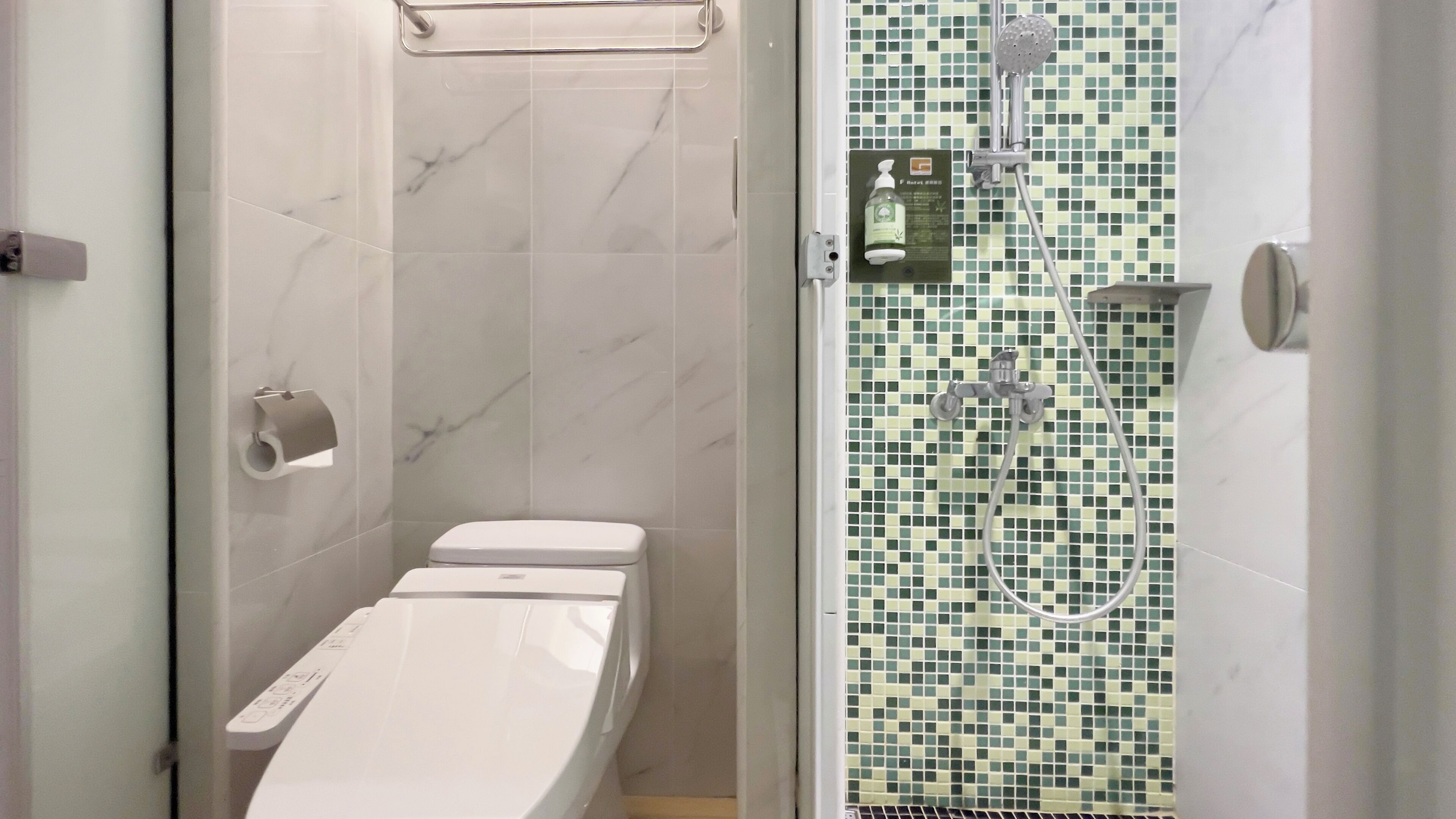 classic quadruple room | bathroom | hair dryer, towels, shampoo, toilet paper