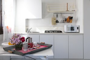 Kühlschrank, Mikrowelle, Herdplatte, Kochgeschirr/Geschirr/Besteck