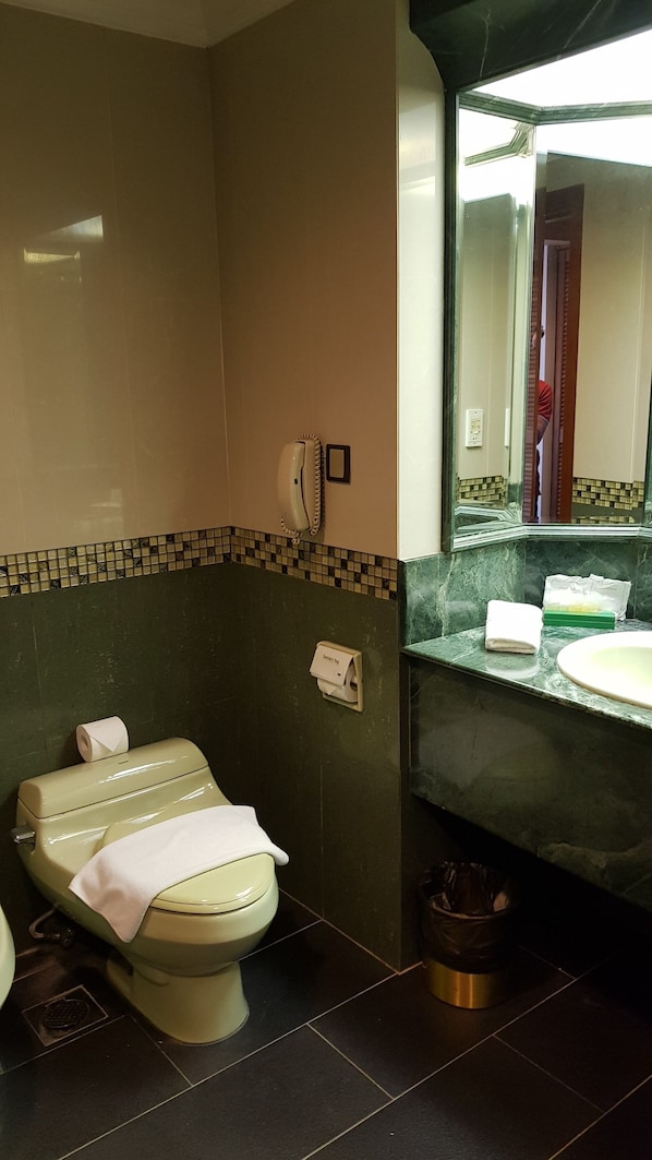 A bathroom with a toilet, a hand dryer, a paper towel dispenser, a sink with a mirror, and a trash can. - The Centrepoint Hotel (Bandar Seri Begawan)