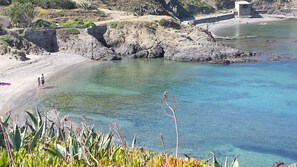 On the beach, sun-loungers