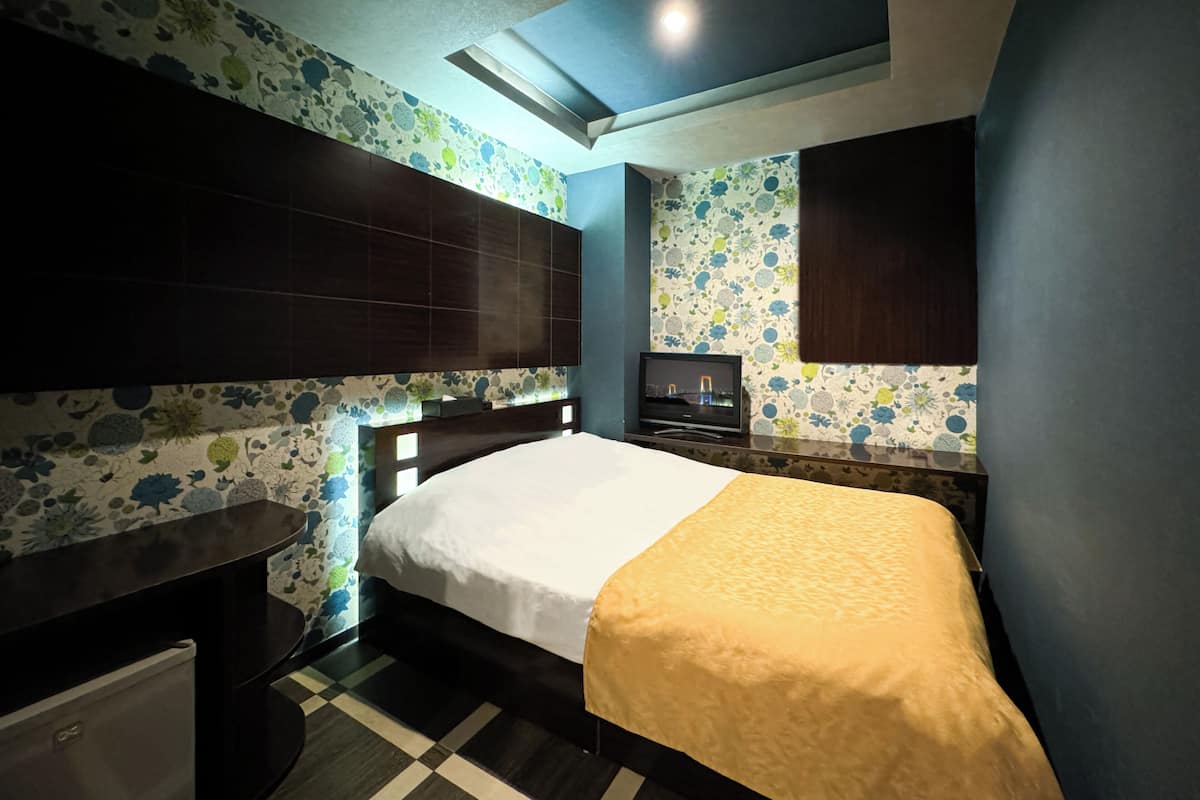 A hotel room with a bed, a TV, a desk, and a small refrigerator.