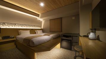 Desk, laptop workspace, blackout curtains, iron/ironing board