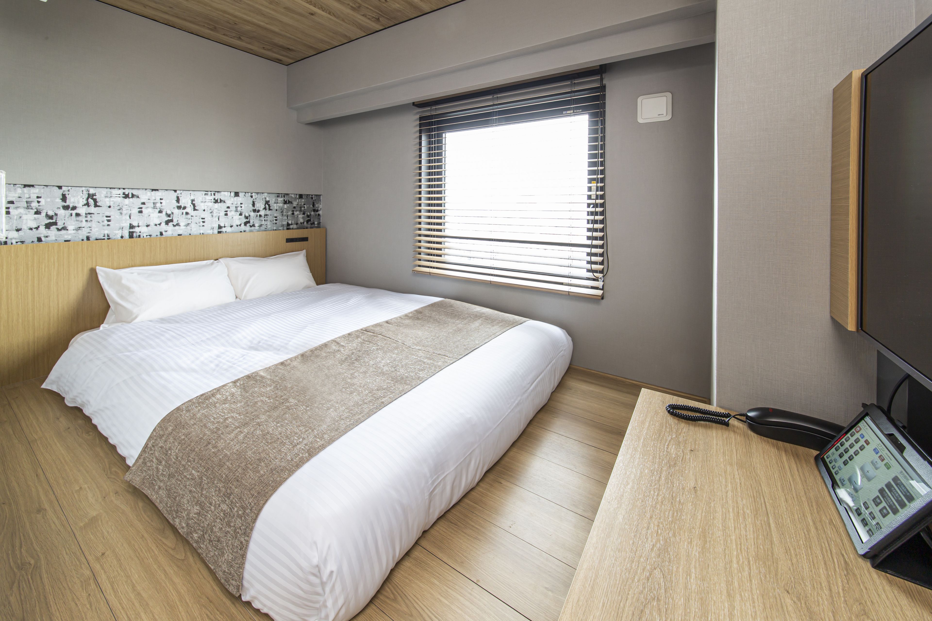 Desk, laptop workspace, blackout drapes, iron/ironing board