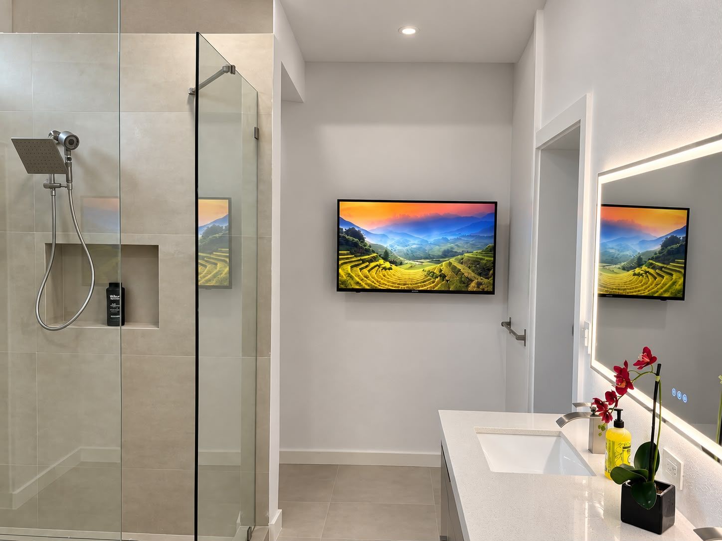 Combined shower/tub, hair dryer, towels, soap