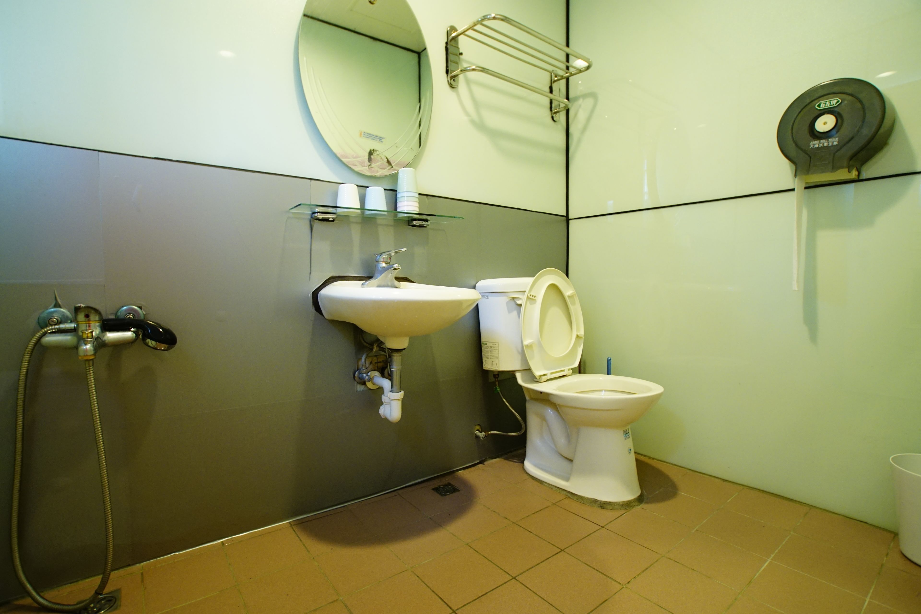 Een badkamer met een wastafel, toilet en douche.