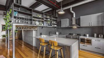 Design Apartment, 2 Bedrooms | Private kitchen | Full-sized fridge, microwave, oven, stovetop