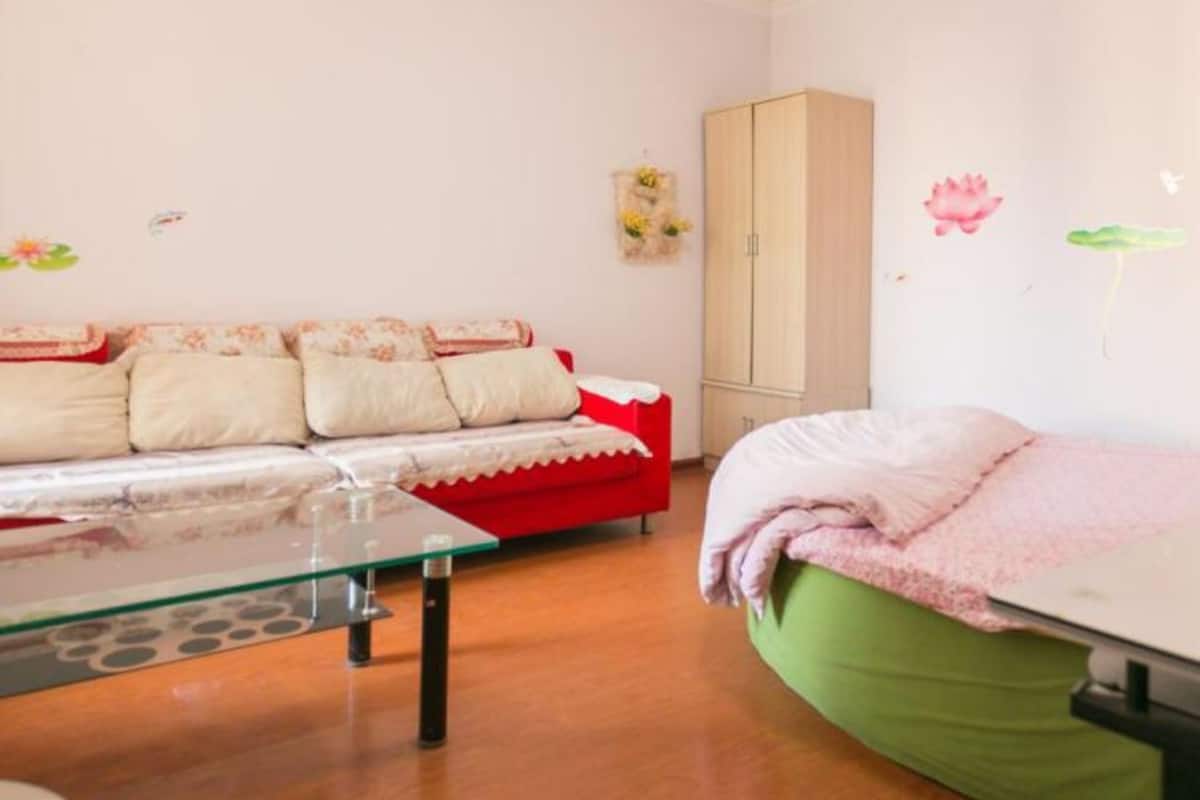 Una habitación con sofá, cama, mesa y armario.