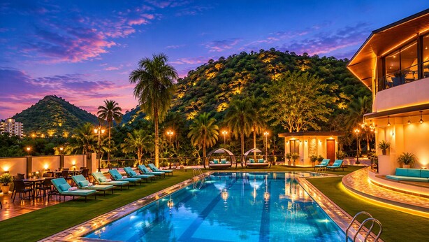 Una piscina con sillas de descanso, un edificio pequeño y una colina al fondo.