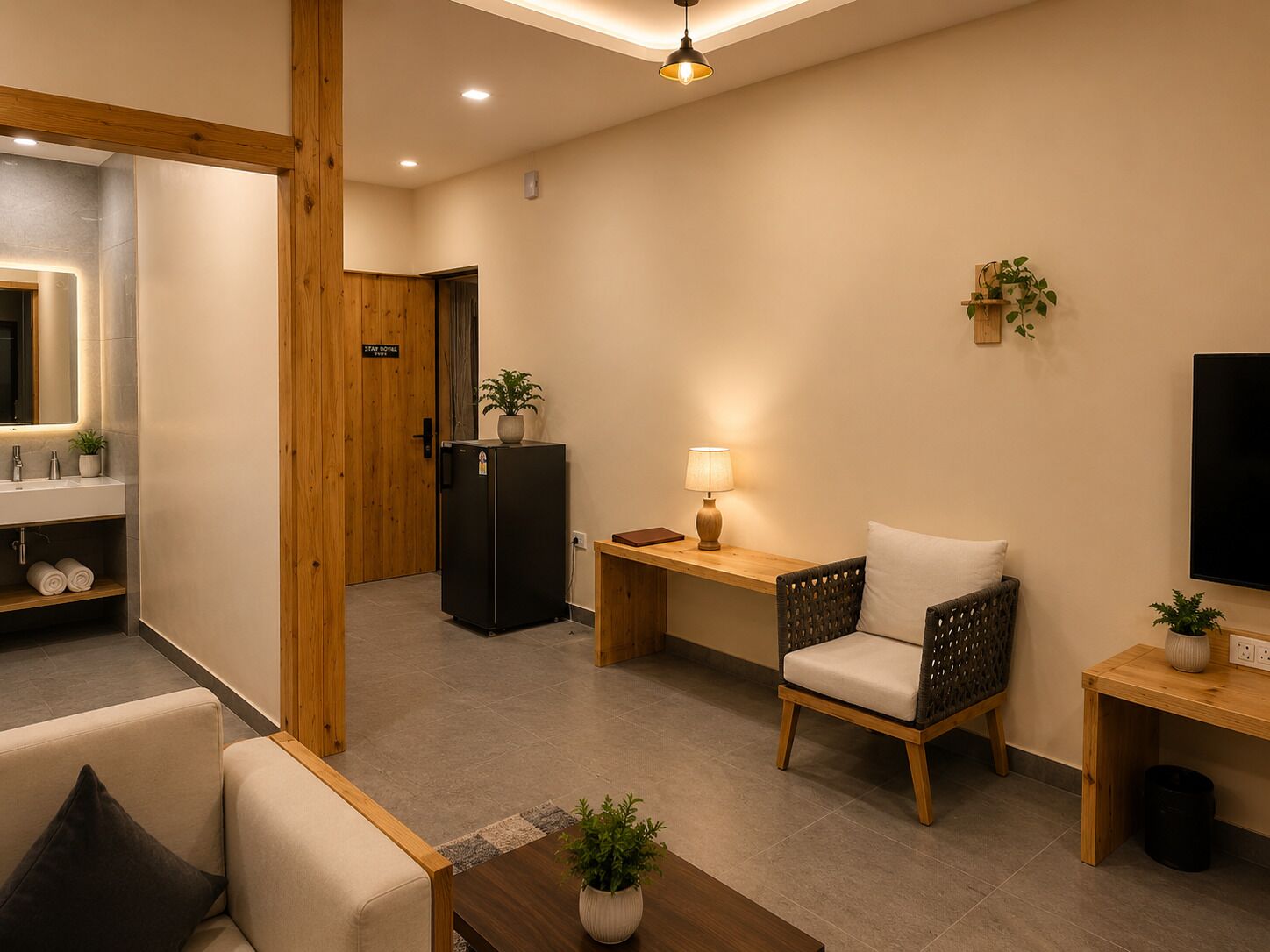 A modern living room with a sofa, a wooden coffee table, a chair, a small table with a lamp, a television, and a refrigerator.