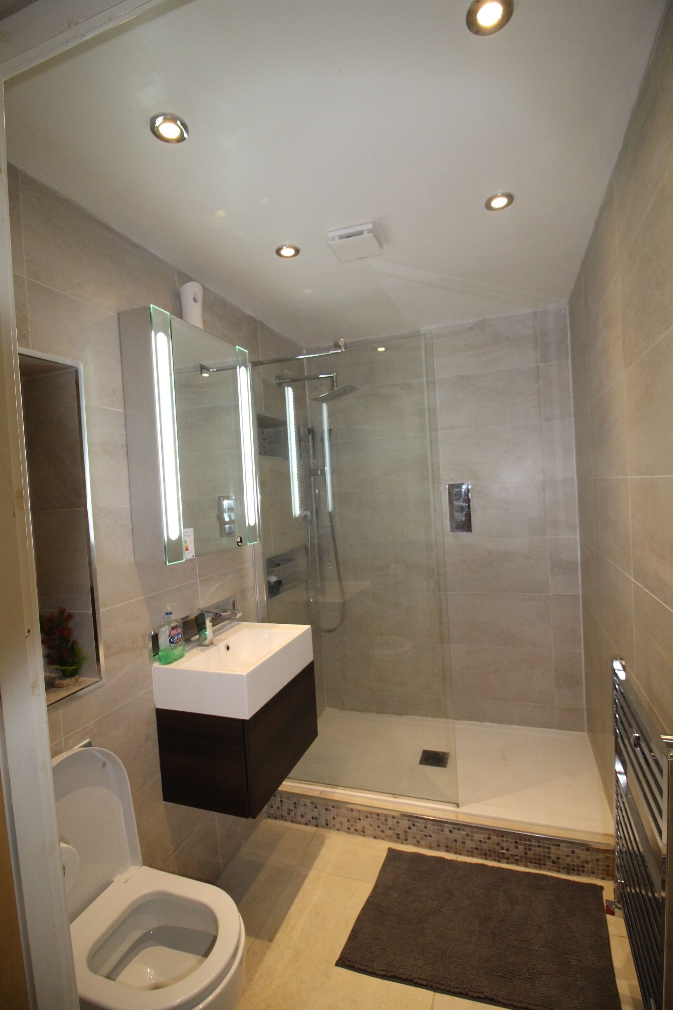 Combined shower/tub, hair dryer, towels, soap