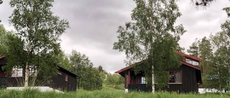 To rustikke hytter omgivet af højt græs og træer.