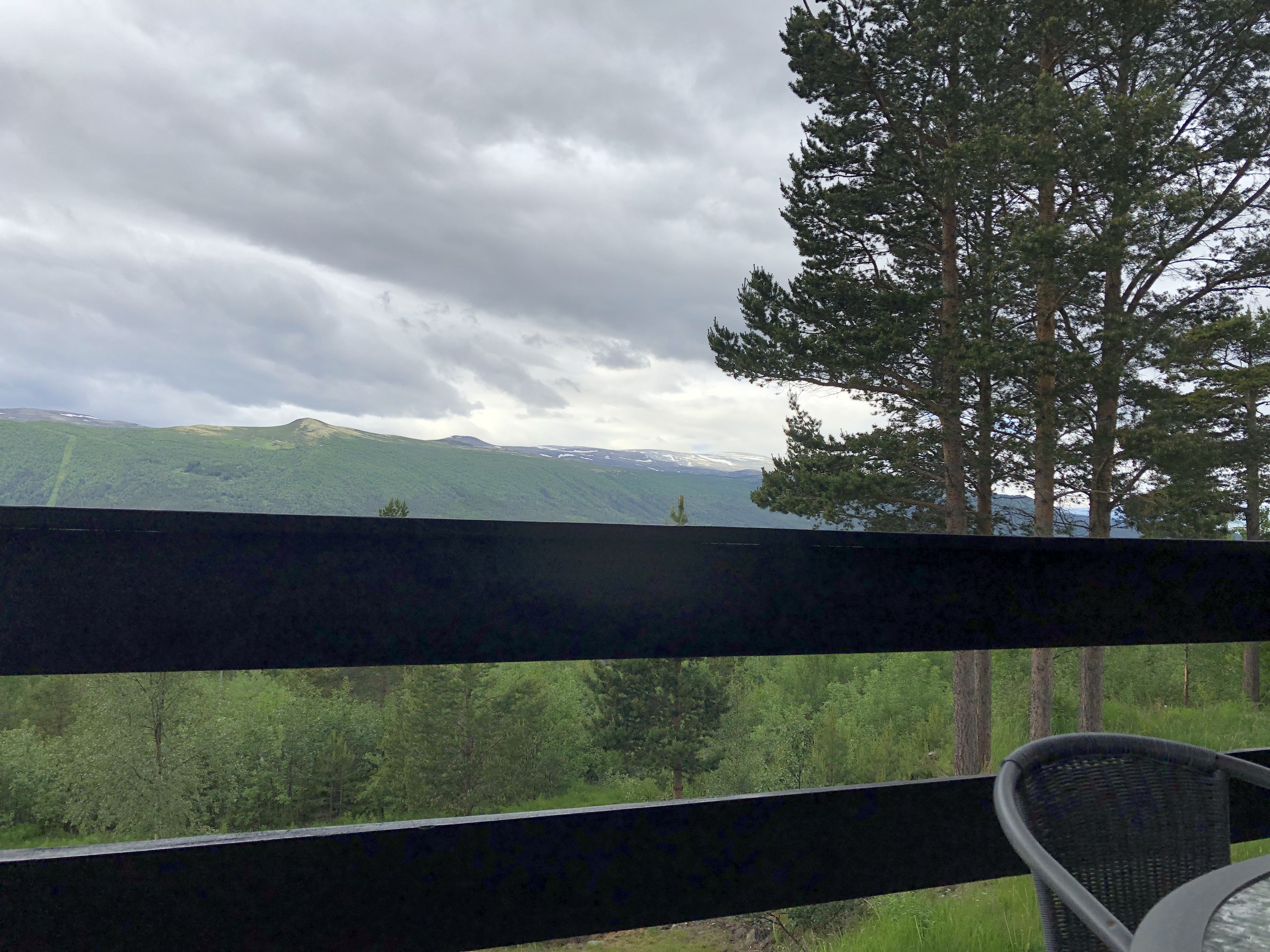 A balcony with a view of a forested landscape and distant mountains.