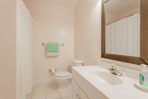 Ein Badezimmer mit Toilette, Waschbecken und Spiegel.