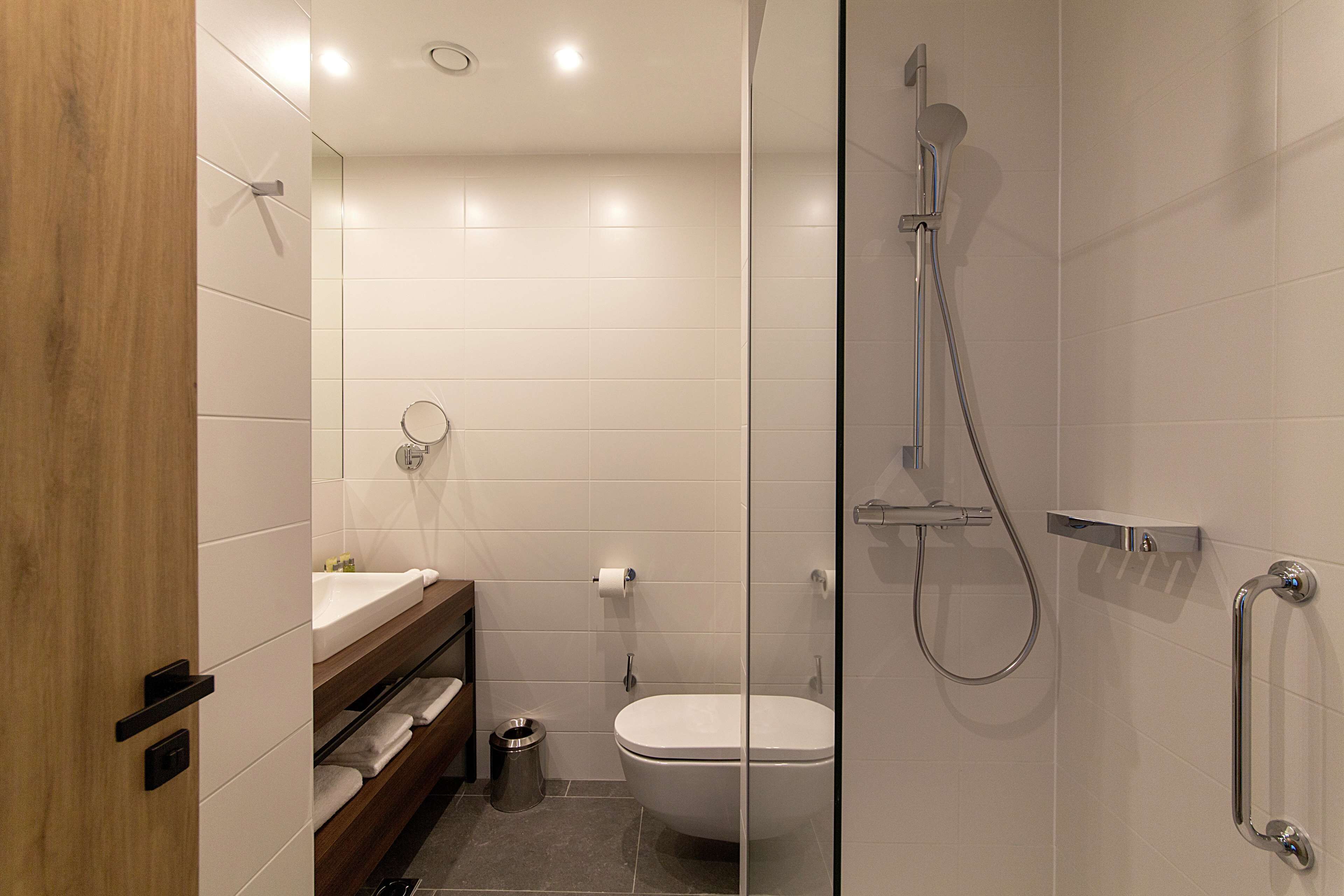 combined shower/bathtub, free toiletries, hair dryer, towels