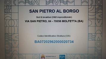 A hotel name 'SAN PIETRO AL BORGO' with a bed & breakfast service, located at 'VIA SAN PIETRO, 84 - 70056 MOLFETTA (BA)'.