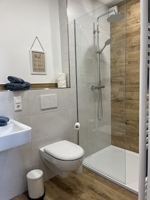 A modern bathroom with a glass shower enclosure, a white toilet, a sink, and a wooden floor. - Hof Dalhaus (Luedinghausen)