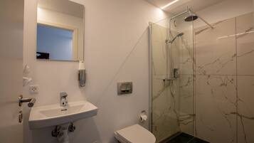 A bathroom with a sink, toilet, and a glass-enclosed shower.