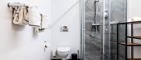 Un baño moderno con ducha acristalada, inodoro y toallero.