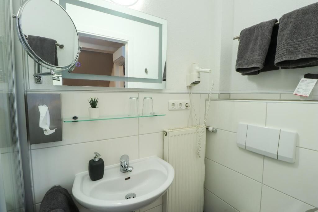 Une salle de bain avec un lavabo blanc, un miroir, un porte-serviettes avec deux serviettes, une petite plante en pot et une étagère en verre.