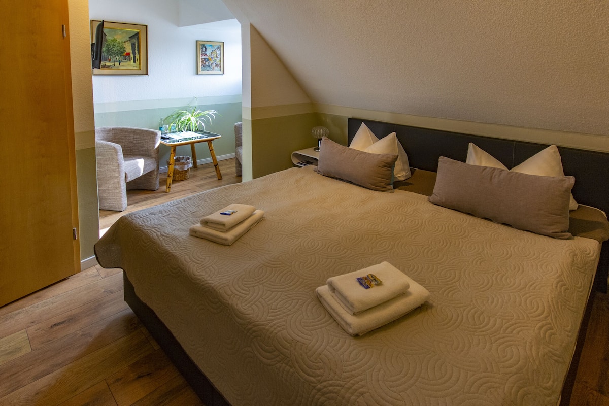 A bedroom with a large bed, two bedside tables, a chair, and a small table with a plant.