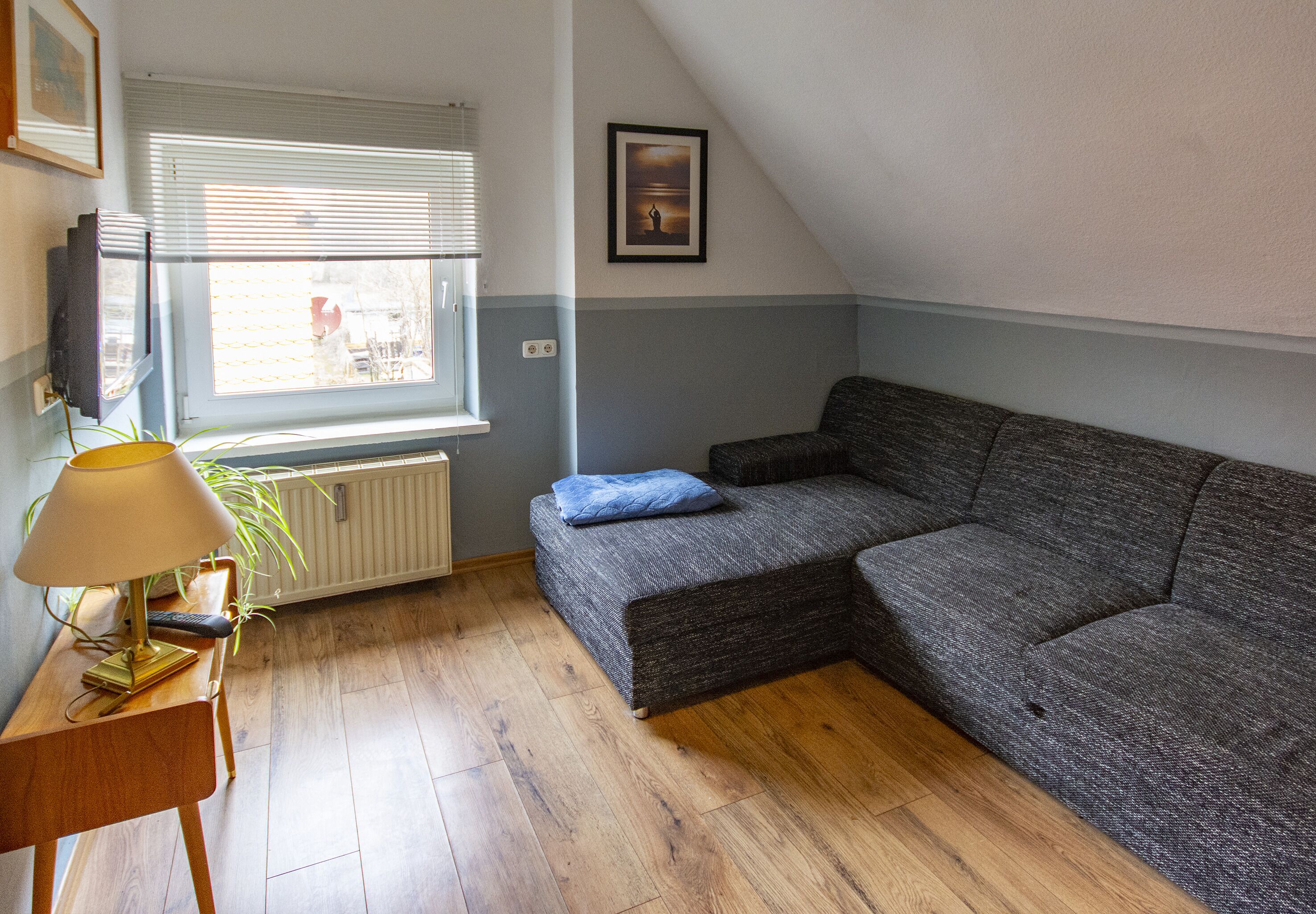 A room with a grey sofa, a wooden floor, a lamp, a radiator, and a window with blinds.