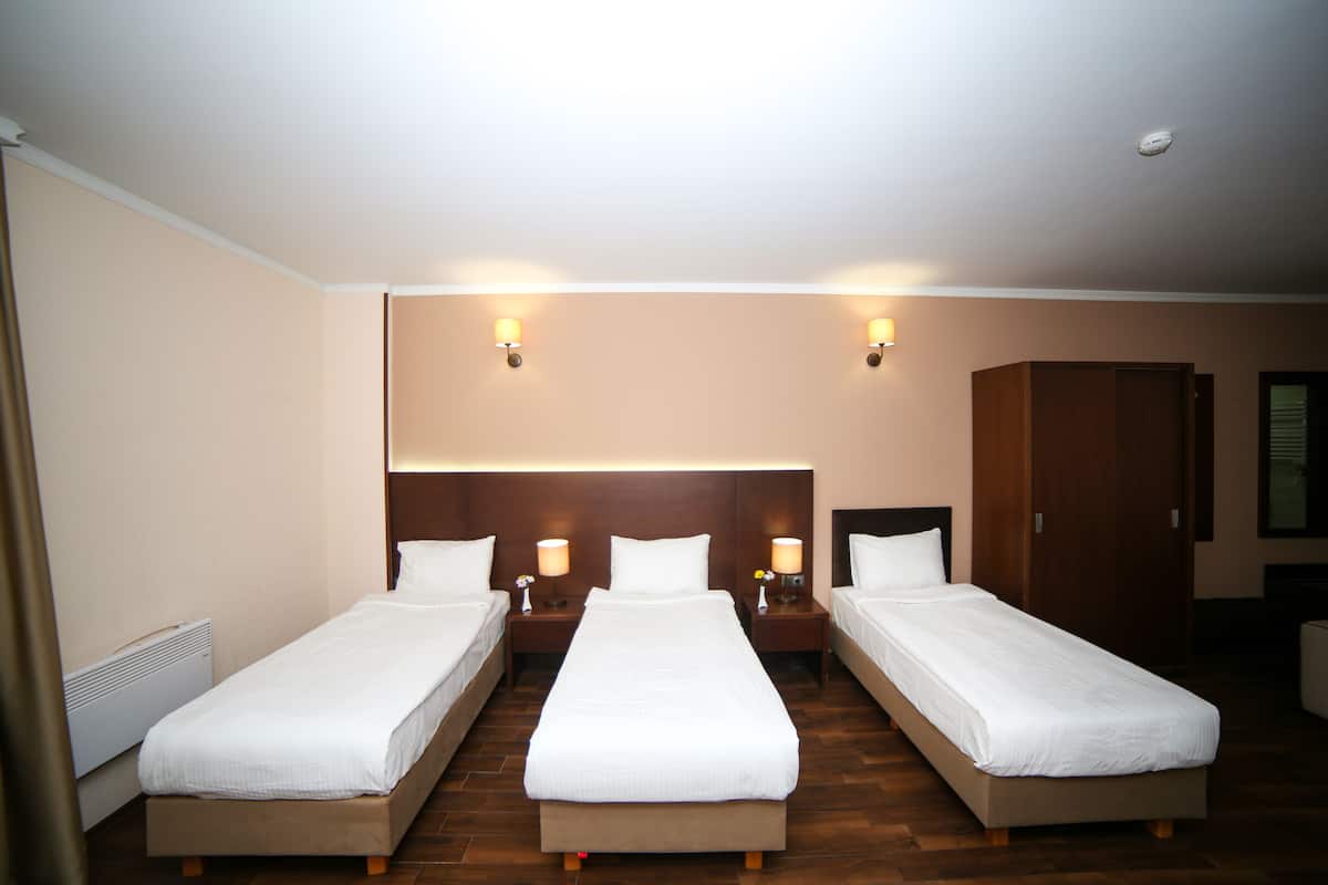 Standaard driepersoonskamer, uitzicht op de stad | Een kluis op de kamer, een bureau, een laptopwerkplek