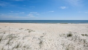 A sandy beach with sparse vegetation and a clear blue sky.