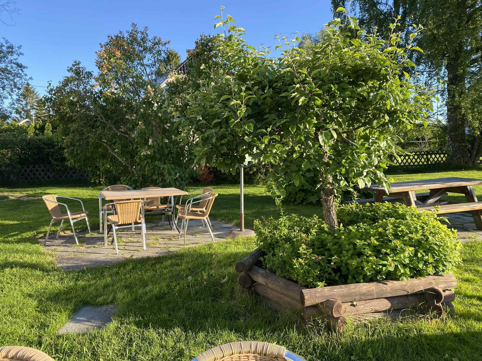 Un patio exterior con una mesa y sillas, rodeado de abundante vegetación y un banco de madera.
