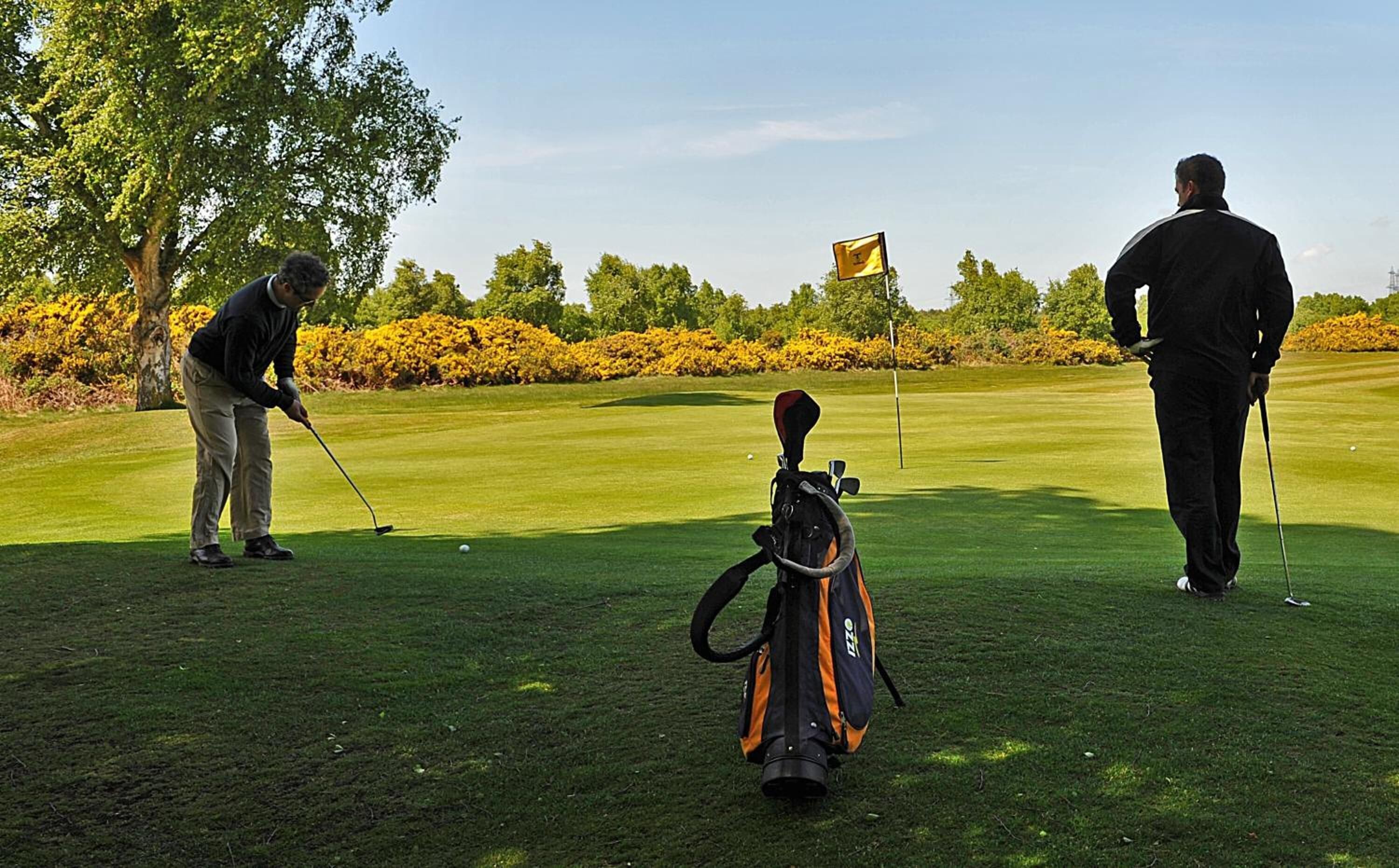 A golf course with two players and a golf bag in the foreground.