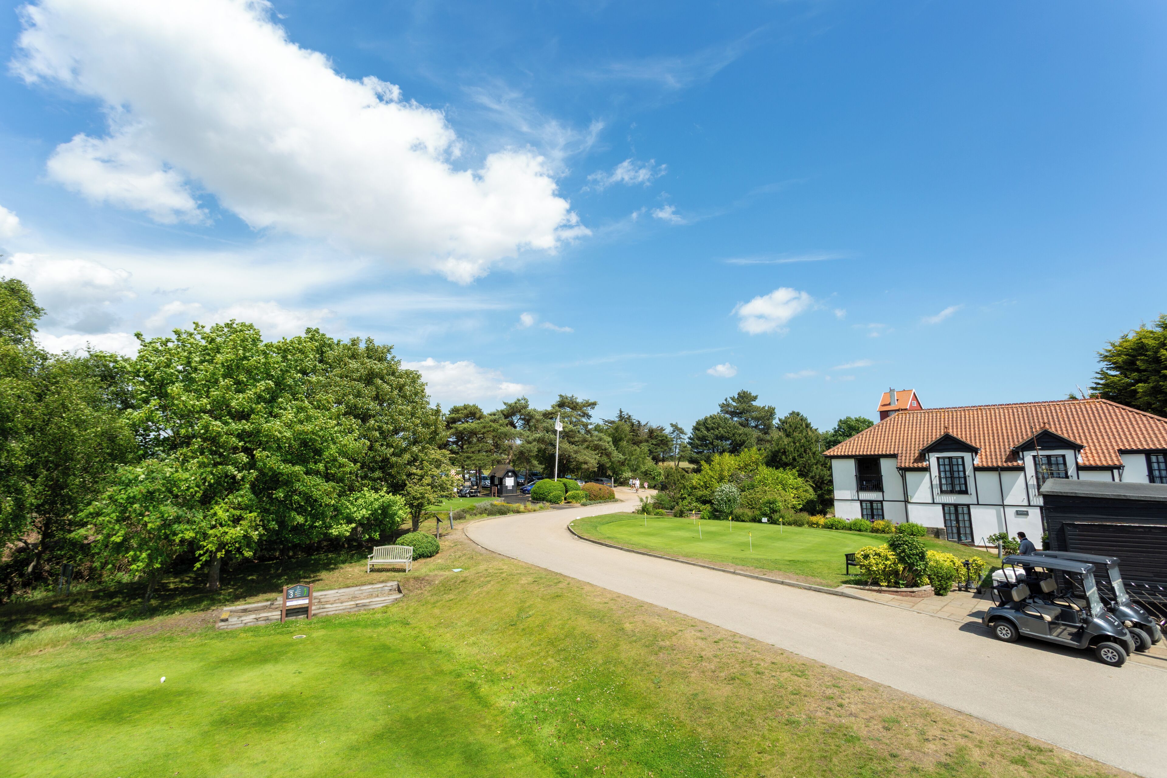 A residential area with a curved driveway, a golf cart, and a house with a red roof.