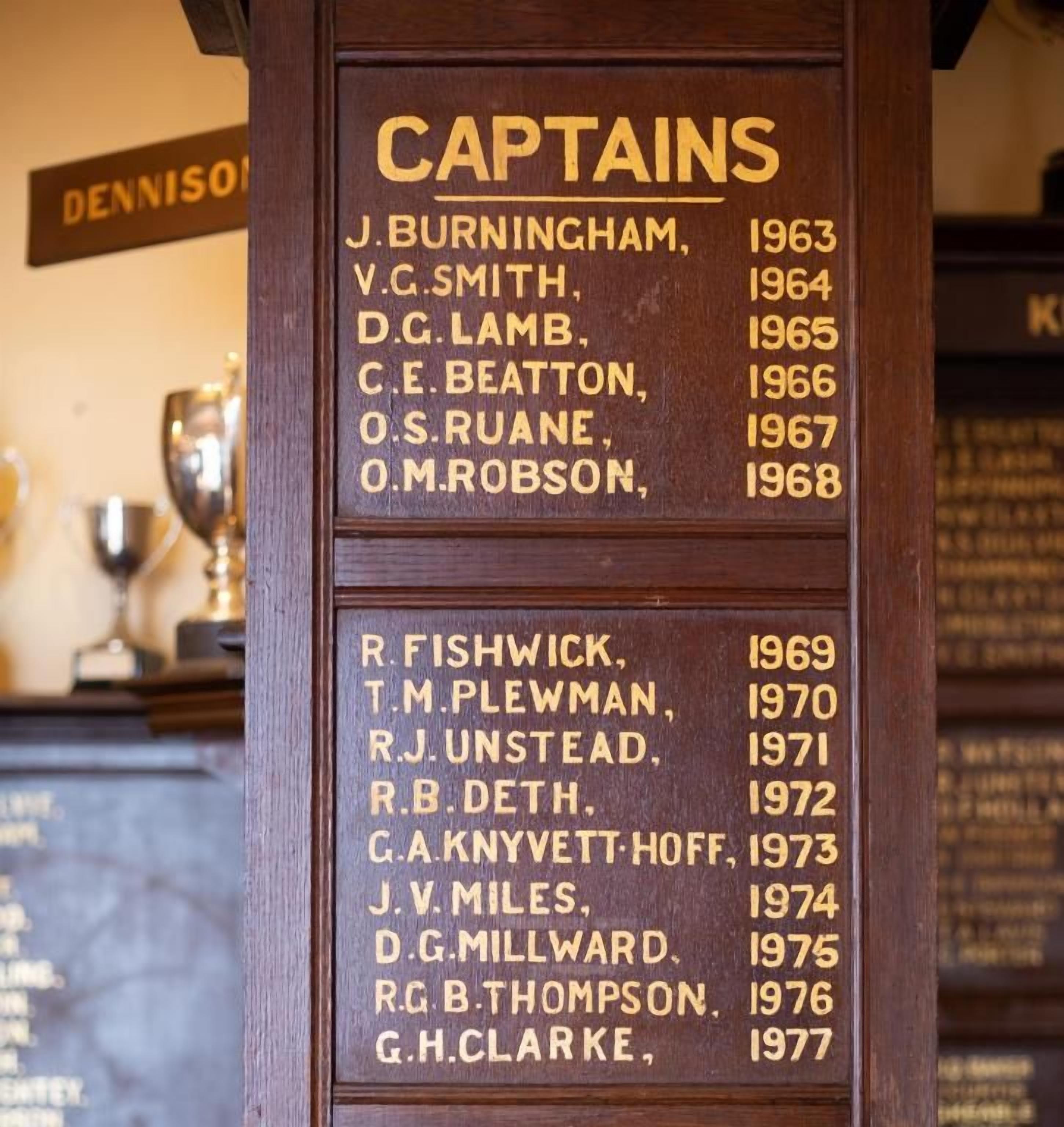 A wooden plaque listing names and years, likely indicating a historical record or awards.