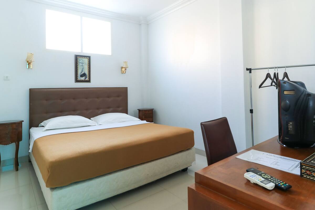 Una habitación de hotel con una cama grande, un escritorio con una silla, un televisor y un perchero.