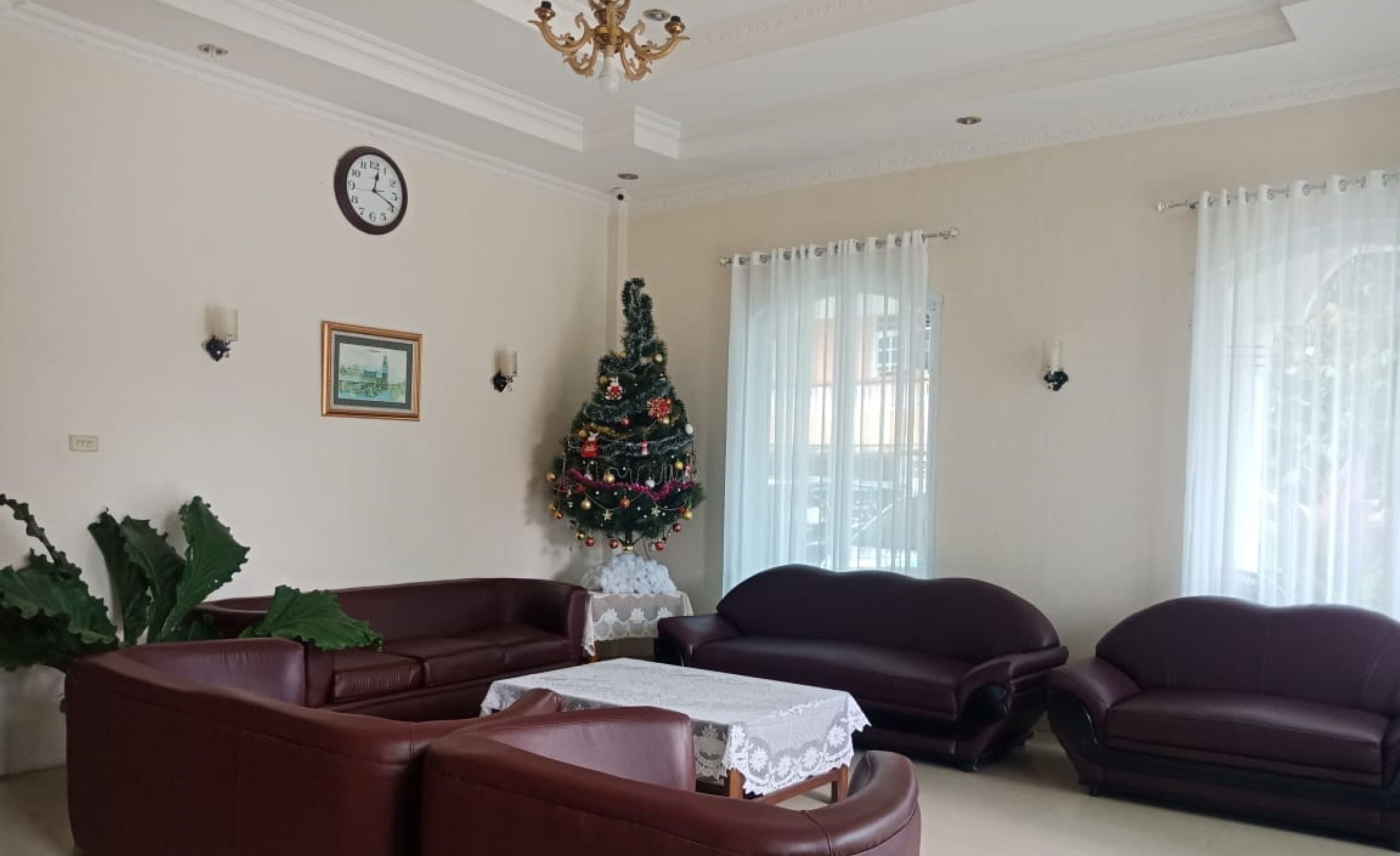 A living room with a Christmas tree, leather sofas, a table with a lace tablecloth, a clock, and a framed picture on the wall.