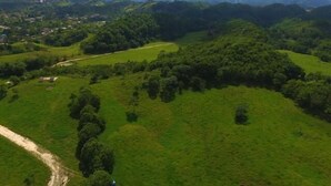 Un paysage rural caractérisé par des collines douces, un chemin de terre et des bâtiments dispersés.