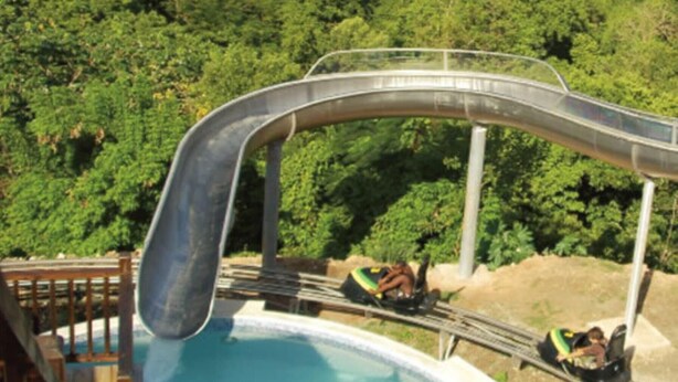 Un toboggan aquatique se terminant dans une piscine, le tout entouré de verdure.