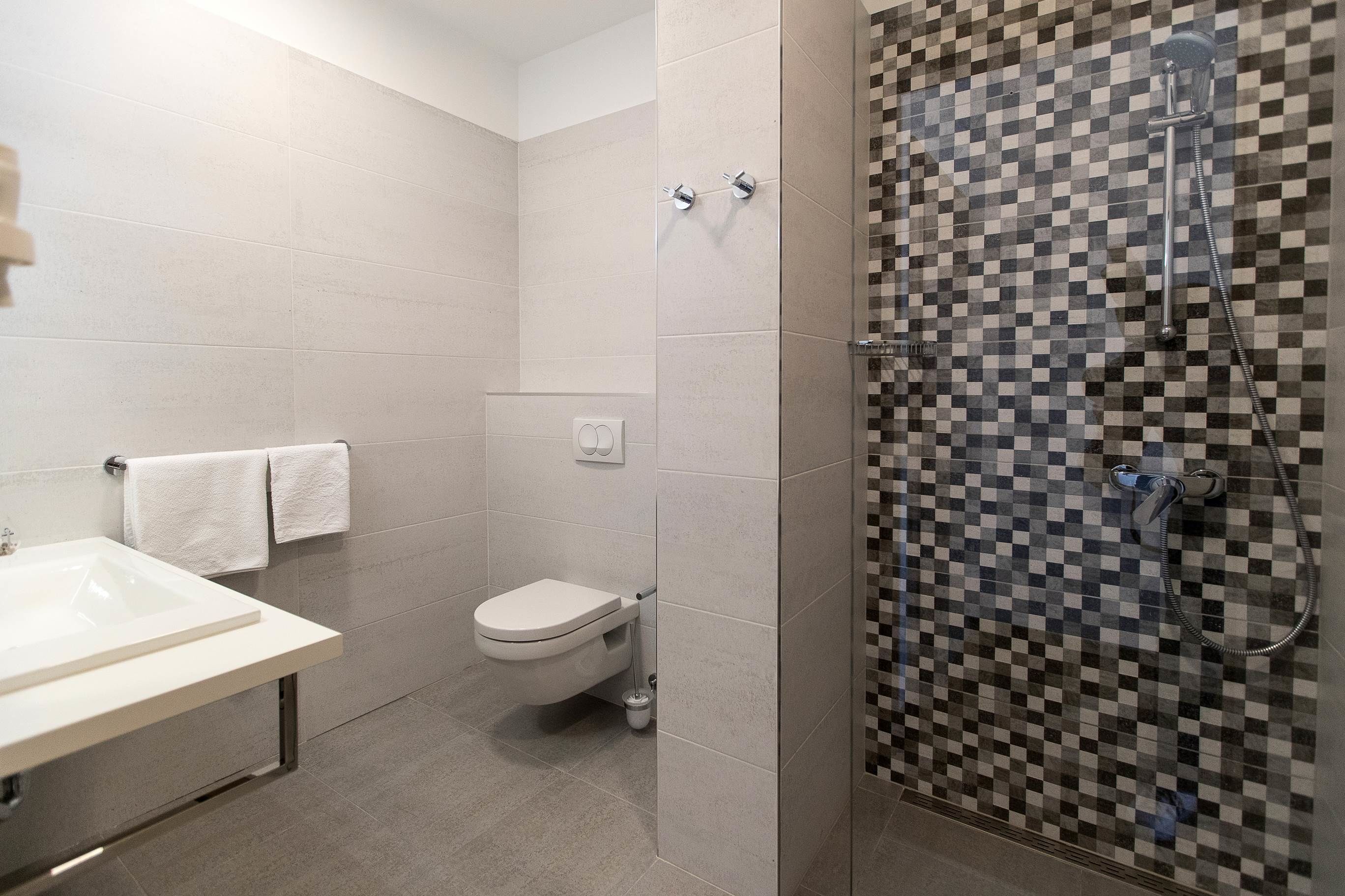 Een badkamer met een douche, toilet en wastafel.