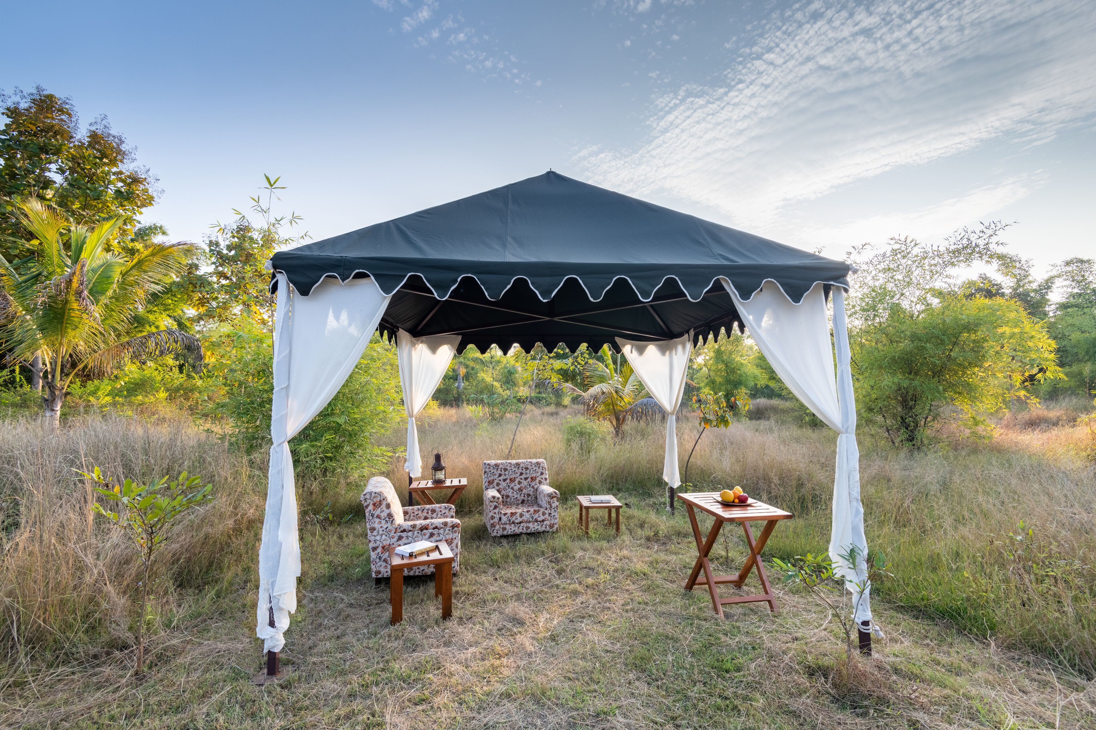 A tent with a canopy and white drapes, surrounded by outdoor furniture including two chairs and a table, set in a grassy area with trees in the background.