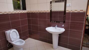 A bathroom with a toilet, sink, and mirror.
