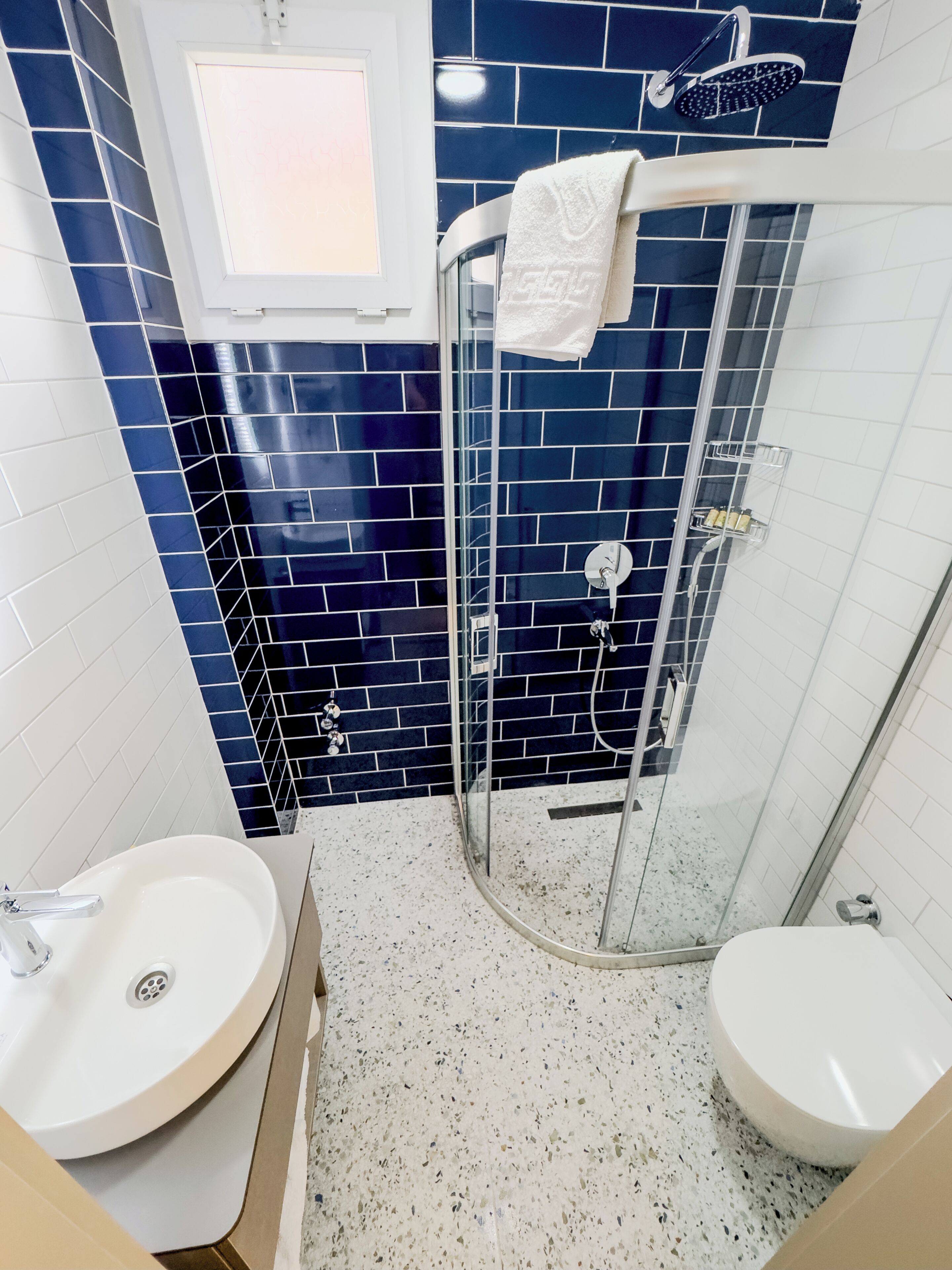 Une salle de bain avec une douche à parois de verre, un lavabo blanc et des toilettes.