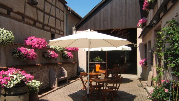 An outdoor patio with a table and chairs under a white umbrella, surrounded by flower planters and a stone wall. - Domaine Sylvie Fahrer & Fils (Saint-Hippolyte)