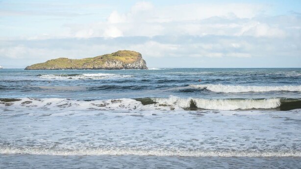 A coastal scene with a small island and waves approaching the shore. - Cooleens- Chic 1-bedroom Apt. in North Berwick (North Berwick)