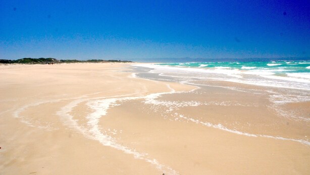 Une vaste plage de sable fin, avec des vagues douces et un ciel bleu dégagé.