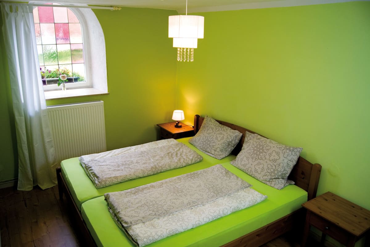 Una habitación con cama, mesita de noche, lámpara, ventana con vistas a plantas y un radiador.