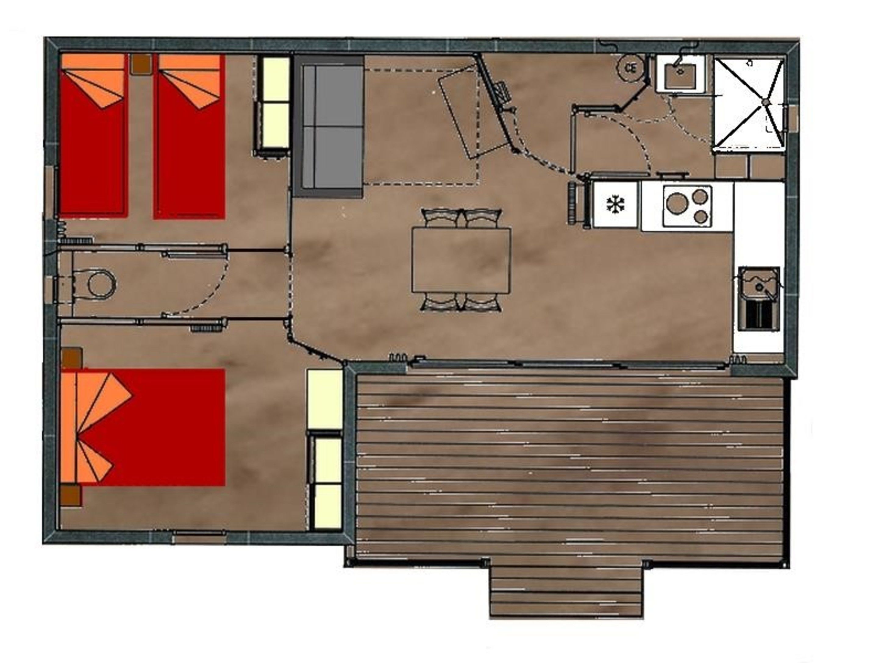 A floor plan with a dining area, kitchen, and two red rooms.