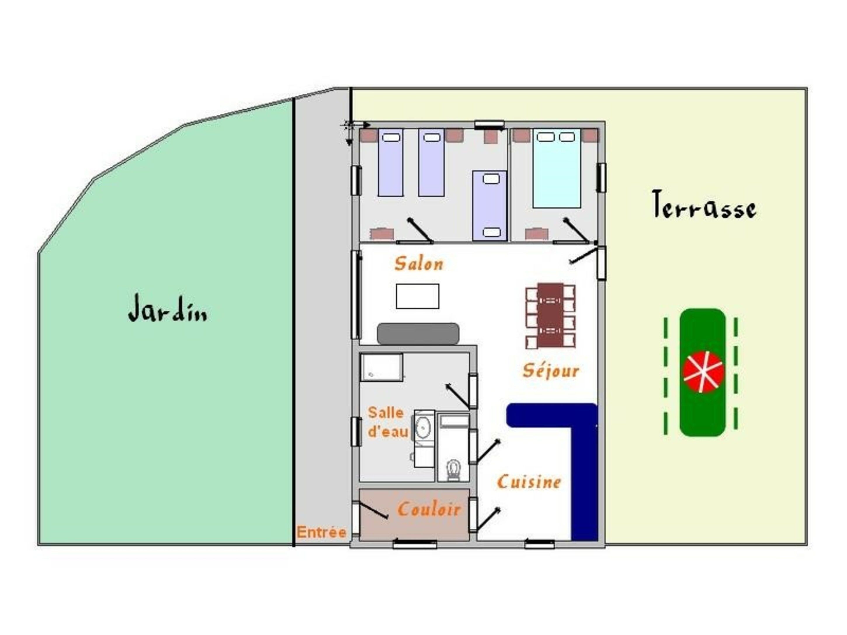 A floor plan of a hotel with labeled rooms including a garden, terrace, and various amenities like a bathroom, kitchen, and dining area.