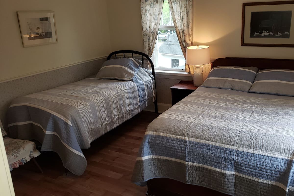 A bedroom with two single beds, a nightstand, a lamp, a framed picture, and a window with curtains.